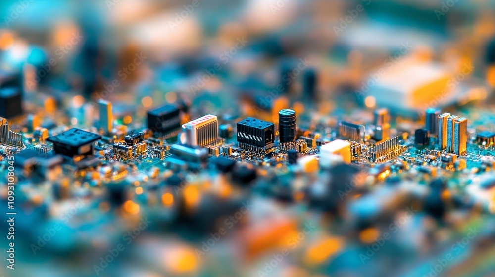 Poster close-up of a circuit board with microchips and transistors showing complex electronic components an