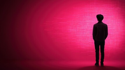 Obraz premium A silhouetted figure stands against a vibrant pink backdrop, embodying a sense of solitude and contemplation in a modern, abstract environment.