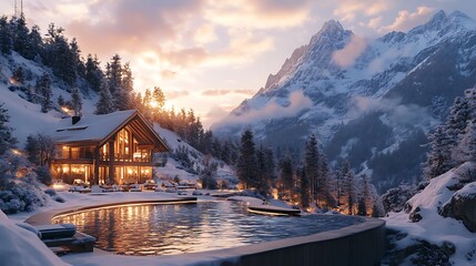 Fototapeta premium Winter mountain lodge retreat scenic landscape nature relaxation