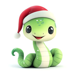 3D illustration of Cute Christmas Cartoon Snake in Santa Hat isolated on White background. Perfect for Christmas and New Year projects, children's illustrations, greeting cards, and festive designs.