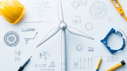 Fototapeta premium Wind turbine component kit layout factory technical illustration workshop top view renewable energy