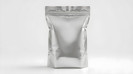 White grey silver foil blank bag package on white background aluminium bag Packaging sachet mockup food branding packaging 3D rendering.