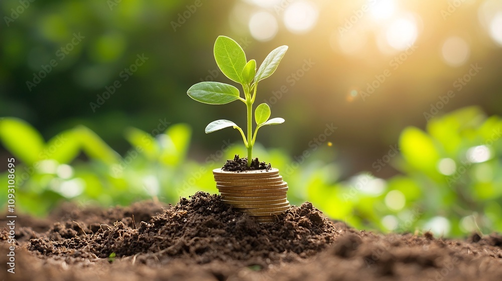 Fototapete A small plant thriving and sprouting from a stack of coins surrounded by fresh soil and lush greenery basking in the warm golden sunlight with a glowing blurred bokeh background symbolizing growth