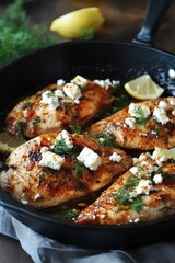 Gourmet herb chicken with feta and lemon in a cast iron skillet for delicious home cooking