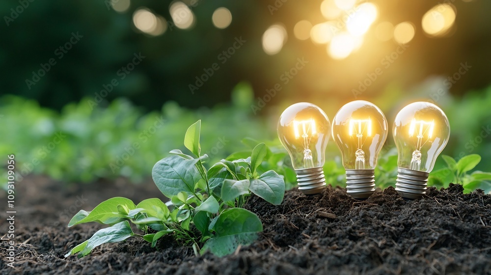 Poster four luminous light bulbs stand upright in rich soil with vibrant green leaves and a golden bokeh fi