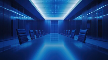 Calm atmosphere in a conference room with a distinctive cool blue tint.