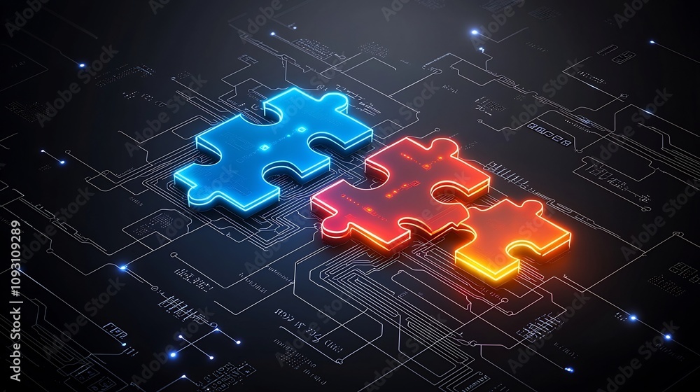 Poster Interconnected glowing puzzle pieces with vibrant neon hues and circuit patterns symbolizing innovation connectivity and technological advancement on a high tech digital backdrop