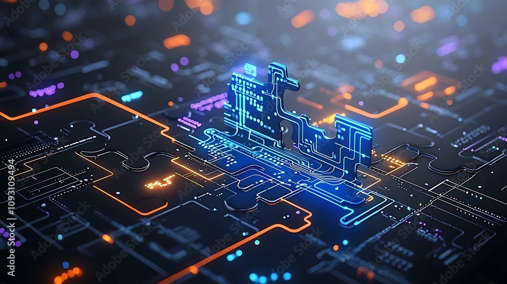 Poster seamlessly connected futuristic puzzle pieces with glowing neon lights and intricate circuit like de