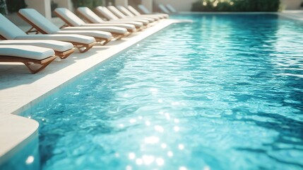 Obraz premium Clean and modern outdoor pool, minimalist design with sleek stone tiles, neat rows of contemporary lounge chairs, calm water, bright and clear summer day, photorealistic details, hd clarity,