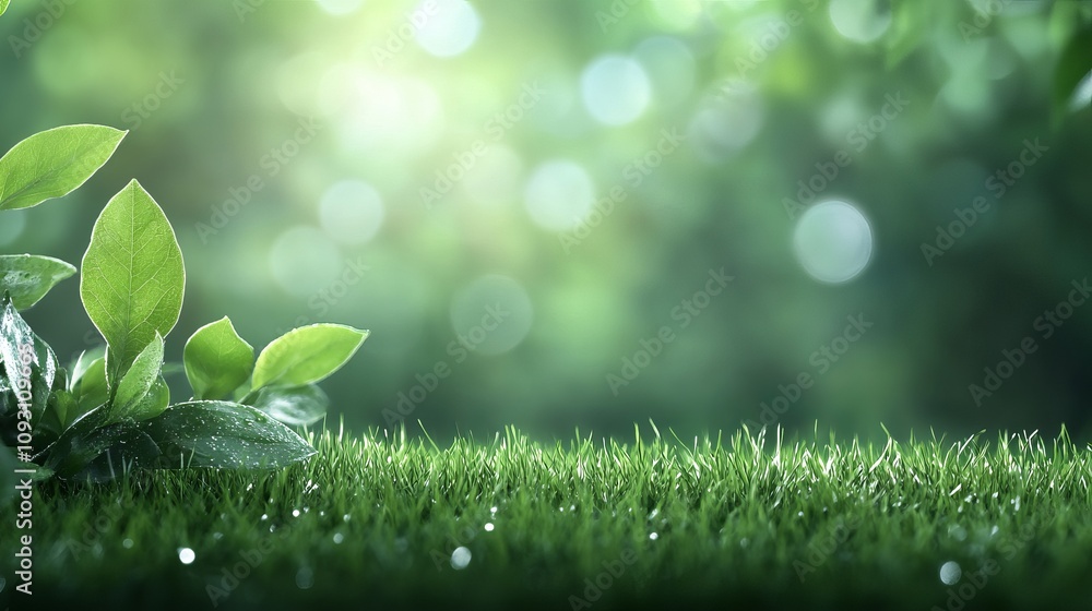 Poster lush green grass with fresh leaves in soft focus background creating a serene and calming nature sce