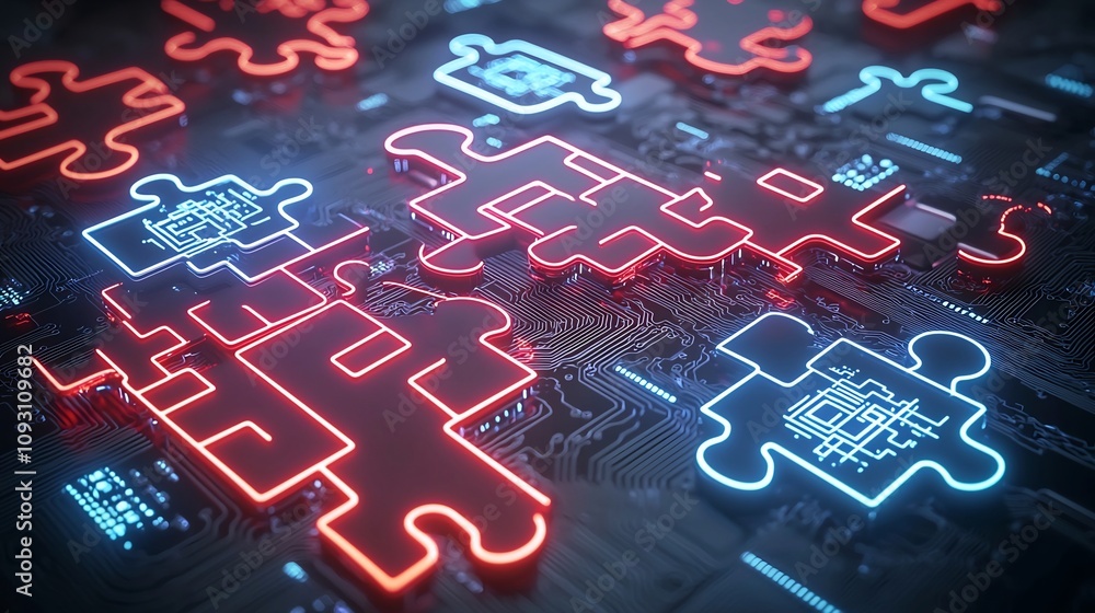 Poster Vibrant glowing puzzle pieces with intricate circuit designs illuminated with neon colors representing the concept of problem solving and modern technology against a dynamic background