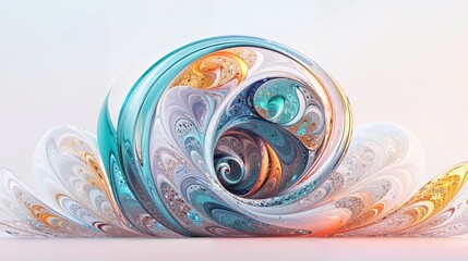 Delicate abstract spiral of turquoise, gold, and white with shimmering details and soft gradients