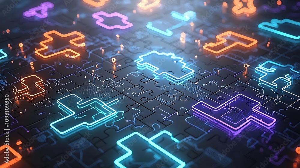 Poster Vibrant and futuristic digital composition featuring interconnected neon puzzle pieces in a glowing abstract background with circuit inspired patterns representing the harmony of technology