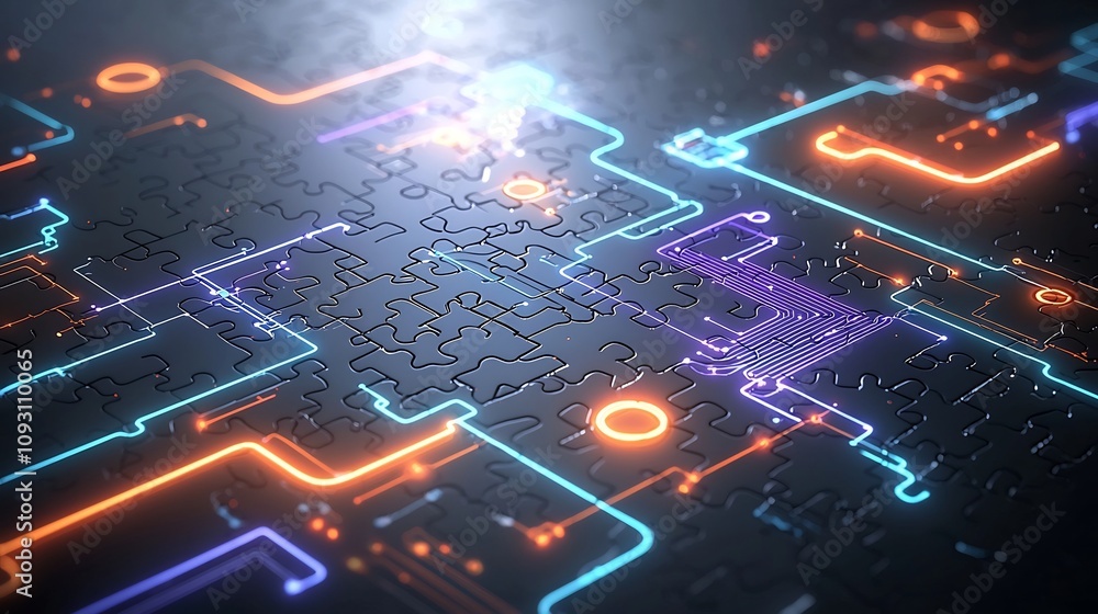 Poster Interconnected neon lit puzzle pieces in a vibrant futuristic inspired abstract design featuring dynamic circuit like patterns and a glowing luminous backdrop with bold colors of blue orange