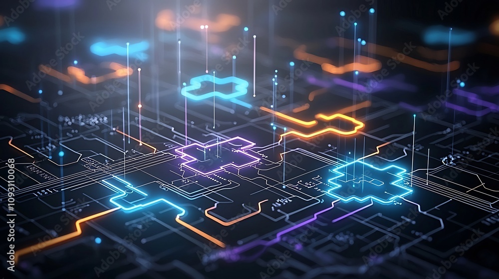 Poster futuristic interconnected puzzle pieces glowing in vibrant neon blue orange and purple colors with c