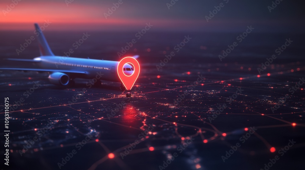 Poster aerial view of an illuminated city with an airplane and a location pin symbolizing air travel and na