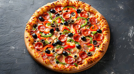 Photo, Delicious Pizza with Pepperoni, Olives, and Ham