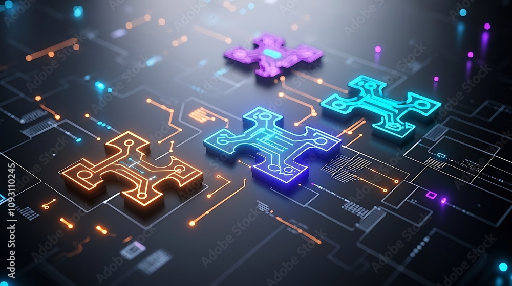 Poster glowing puzzle pieces with neon blue orange and purple lights featuring circuit designs that symboli