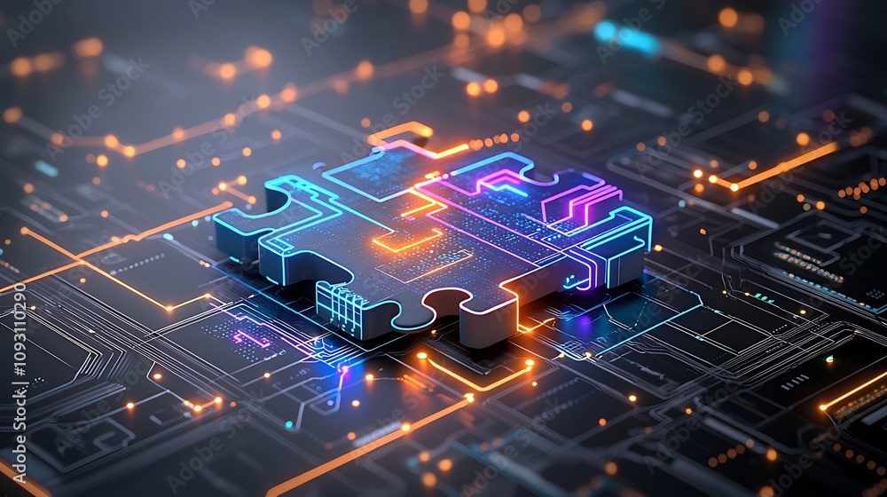 Poster Glowing Futuristic Interconnected Puzzle Pieces with Circuit Like Details and a High Tech Digital Abstract Background  Conceptual of Technology Innovation and Intelligence