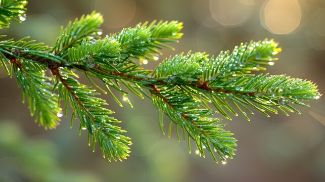 A serene close-up glimpse of a green pine tree branch covered in fresh dewdrops that reflect the soft morning sunlight, showcasing nature's tranquility