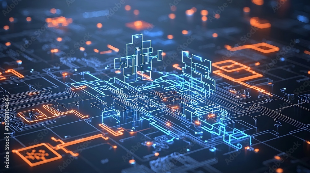 Poster glowing neon puzzle pieces in vibrant shades of blue and orange showcasing intricate circuit pattern