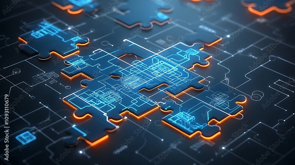 Poster glowing puzzle pieces in vibrant neon hues of blue and orange showcasing intricate circuits and seam