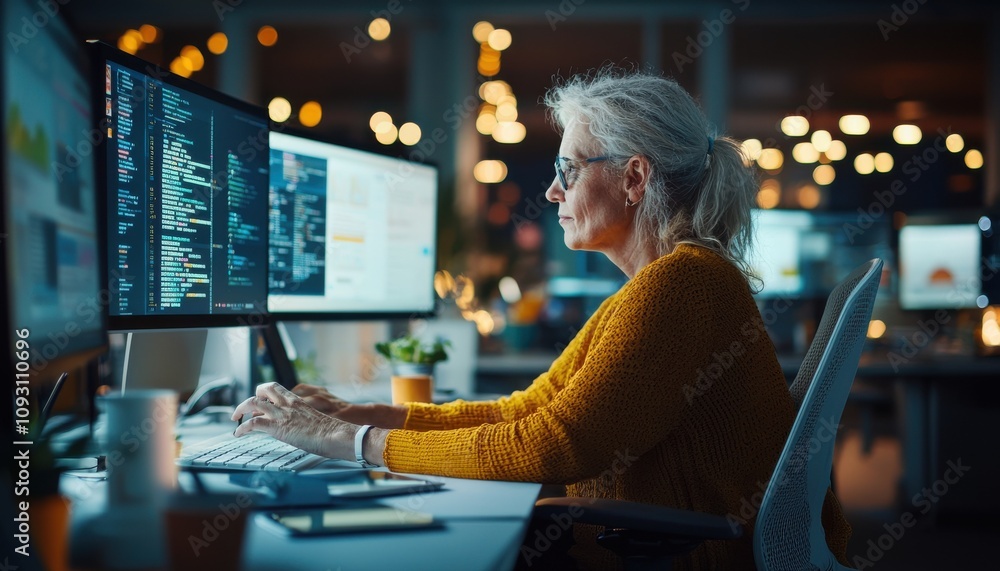 Poster senior woman working late on computer programming in modern office environment.