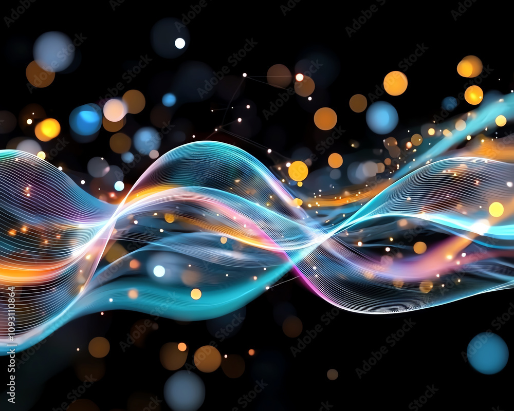 Poster dynamic light waves and bokeh effects abstract art digital design vibrant colors close-up view visua