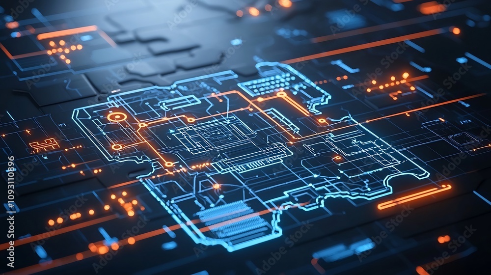 Aufkleber Illuminated neon colored puzzle pieces with intricate circuit board designs connected in a vibrant futuristic style against an abstract digital backdrop with glowing geometric patterns and textures