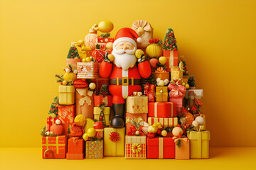 Naklejka premium Festive celebration of gifts featuring santa claus home holiday decor cheerful atmosphere vivid colors joyful spirit