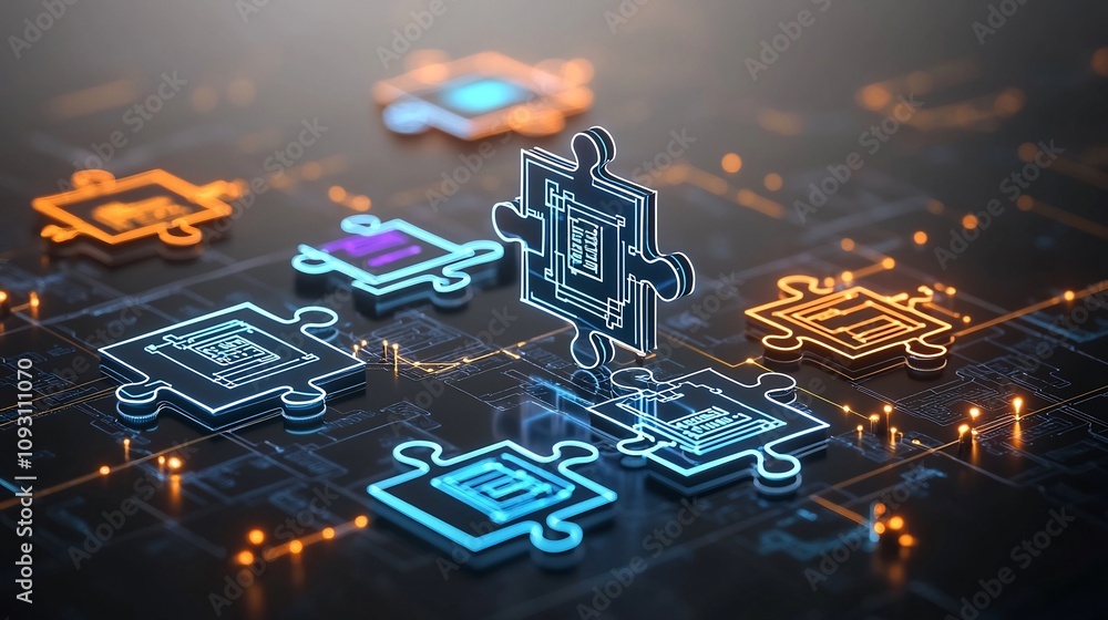 Poster Glowing neon colored interconnected puzzle pieces featuring intricate circuits and patterns representing the concept of innovation and technology on a modern digital background