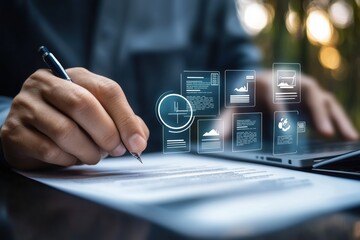 Businessman is signing a document while using laptop with digital data analysis technology, featuring icons and code snippets, enhancing efficiency and decision-making in business operations