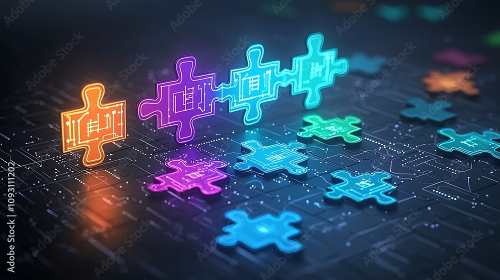 Poster Vibrant and colorful puzzle pieces glowing with neon hues linked together with intricate circuit like patterns symbolizing progress