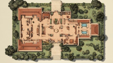 Fototapeta premium Stunning Aerial View of a Luxurious Estate Layout Showcasing Elegant Architecture Within Sprawling Landscaped Gardens and Serene Pool Areas Under Bright Sunlight