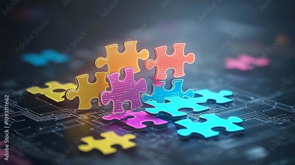 Poster Bright and colorful puzzle pieces glowing with neon hues linked together with circuit like patterns symbolizing progress and innovation on a futuristic abstract background