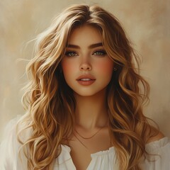 Naklejka premium Captivating Portrait of a Young Woman with Beautiful Long Hair and Soft Makeup, Set Against an Elegant Neutral Background, Perfect for Beauty or Fashion Projects