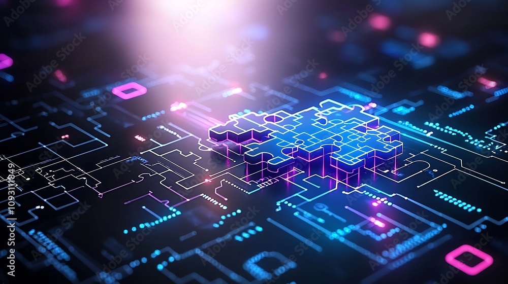Poster vibrant neon blue and purple hued digital abstract background with interconnected glowing puzzle pie