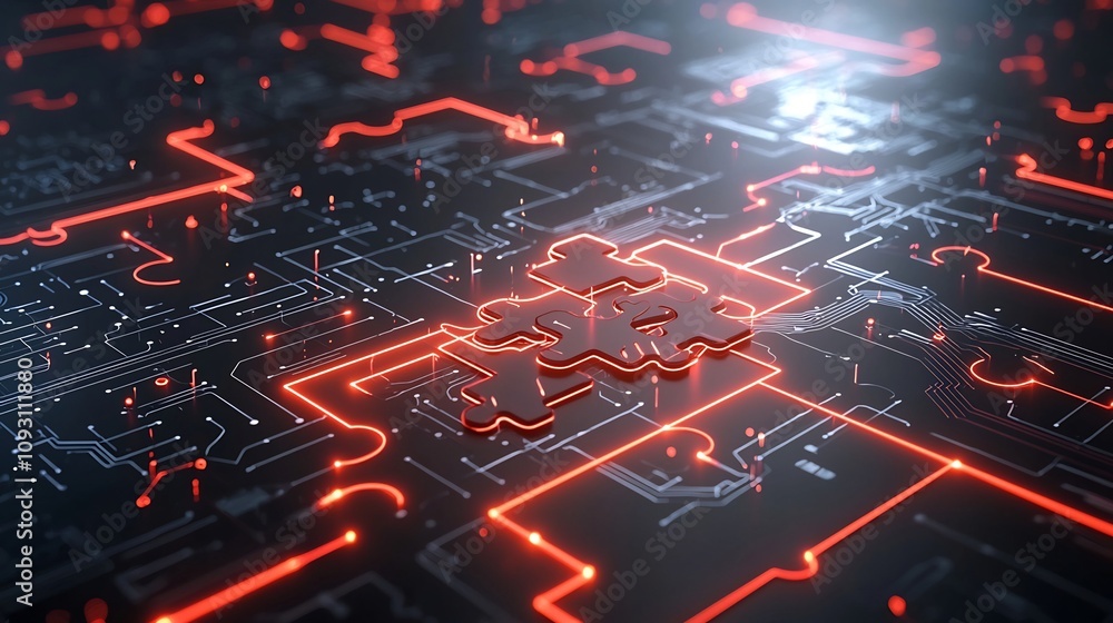 Poster Futuristic puzzle pieces with neon lights glowing brightly showcasing the interconnectedness and problem solving capabilities through circuit inspired patterns on a dynamic technological backdrop