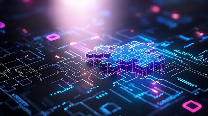 Vibrant neon blue and purple hued digital abstract background with interconnected glowing puzzle pieces showcasing a modern and futuristic technological concept