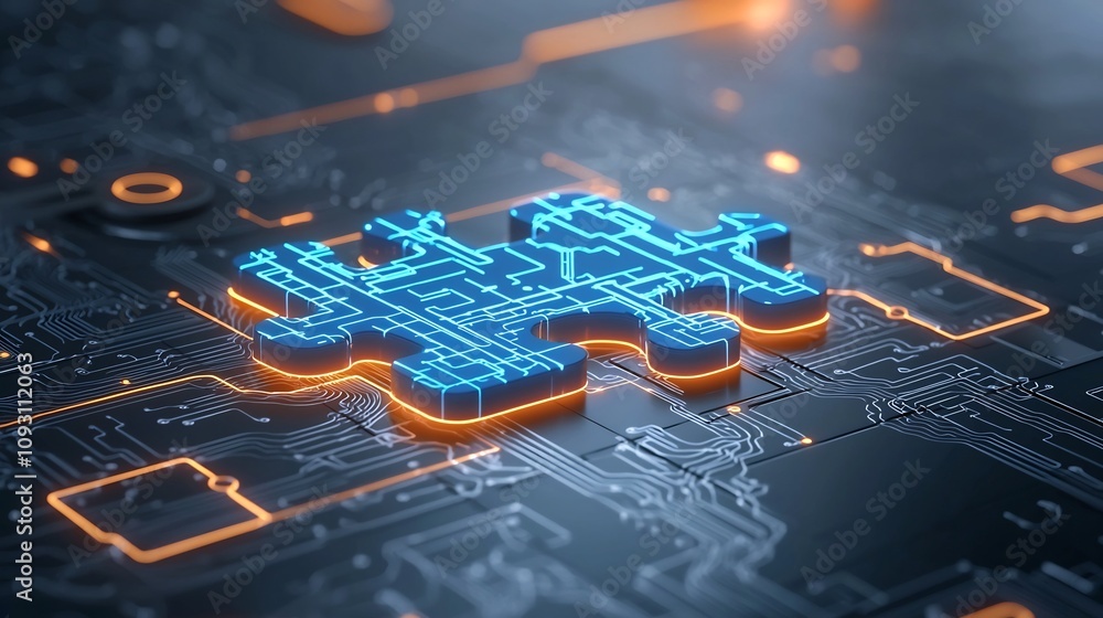 Leinwandbilder Close up of futuristic puzzle pieces glowing in neon blue and orange hues intricately interconnected with circuit like details set against an abstract tech inspired background