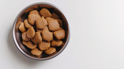 Brown pet food kibble in a stainless steel bowl on a light background, ideal for showcasing pet nutrition and healthy meals for dogs or cats in stock photography