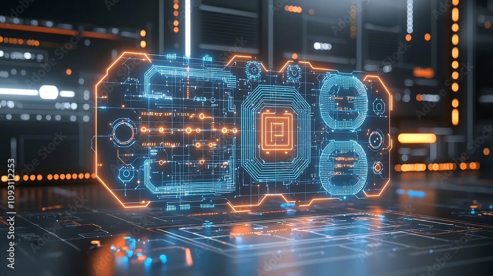 Poster Close up of glowing neon blue and orange futuristic puzzle pieces with intricate circuit like interconnected details set against an abstract tech inspired background