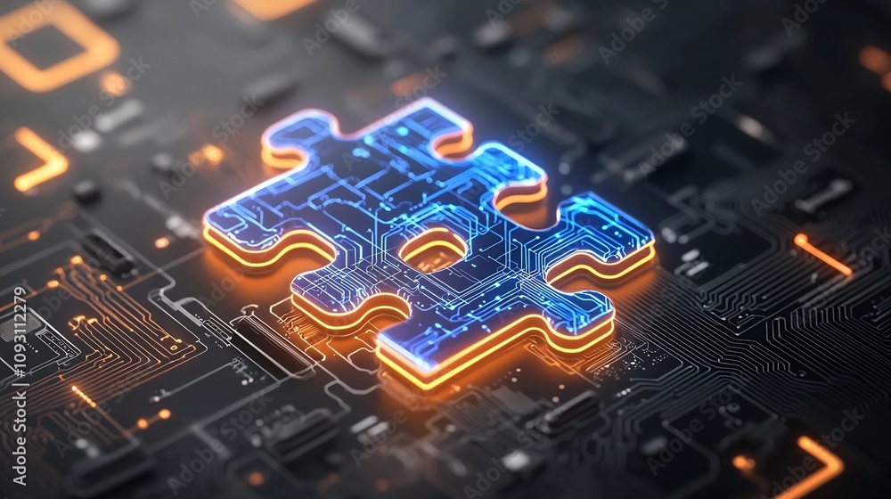 Poster Close up of futuristic puzzle pieces glowing in neon blue and orange interconnected with intricate circuit like details set on an abstract tech inspired background