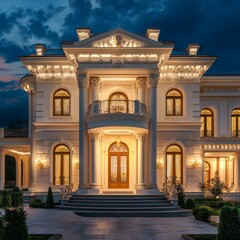 Obraz premium Elegant Mansion Illuminated at Dusk Showcasing Intricate Architecture and Lush Landscaping in a Serene Residential Neighborhood