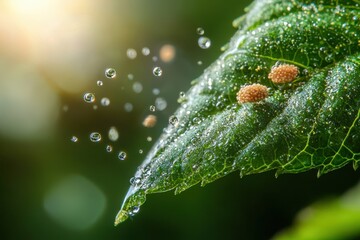 Close-Up of Dew Drops on Green Leaf With Tiny Brown Eggs Amidst a Serene Natural Background Illuminated by Warm Sunlight
