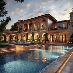 Fototapeta premium Luxurious Villa Illuminated by Twilight Glow With Serene Pool and Lush Gardens in a Picturesque Setting