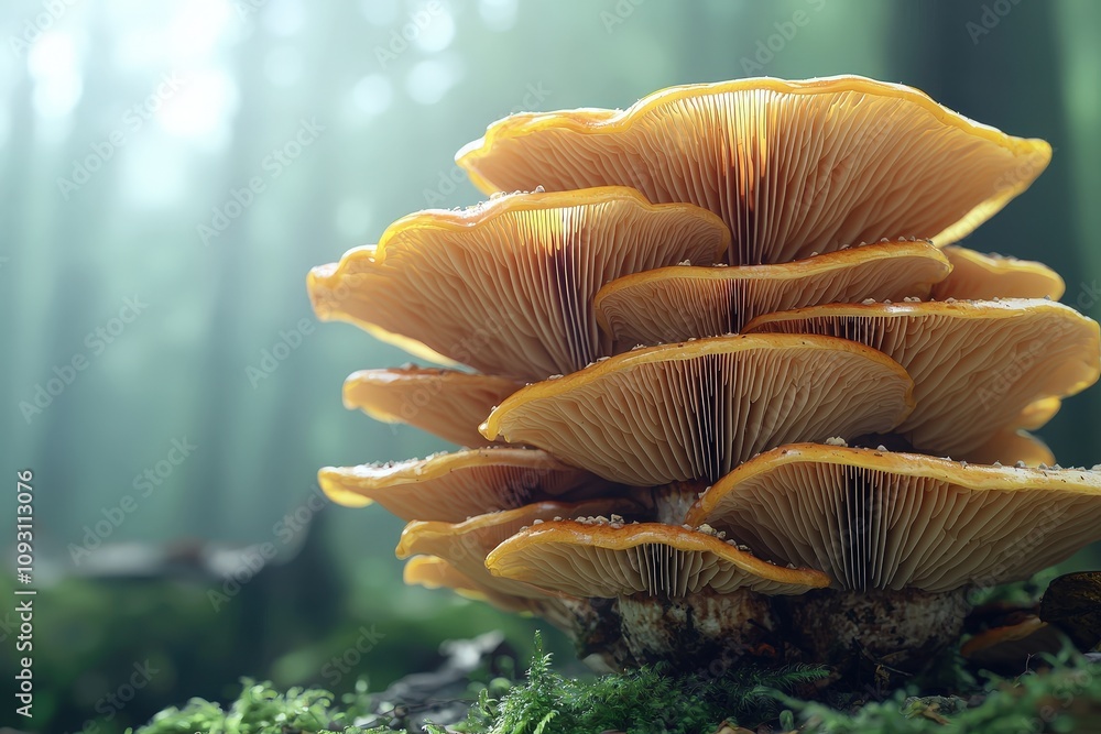 Poster close-up of radiant orange mushroom layers in a serene forest setting with soft focus and dappled li