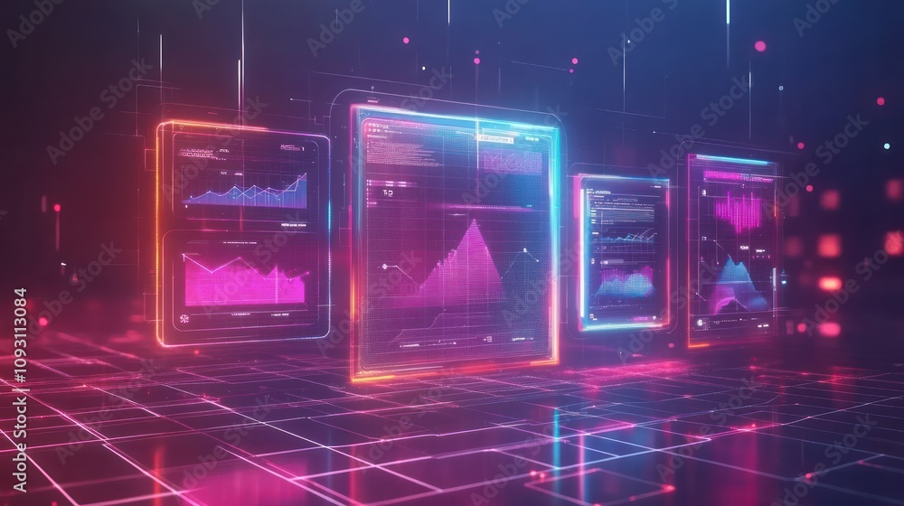 Poster Futuristic Digital Displays Showing Data Graphs and Charts