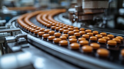 Close-up of pharmaceutical tablets on a conveyor belt in modern industrial facility. Suitable for healthcare and pharmaceutical manufacturing contexts. Blue-gray industrial tones with orange accents