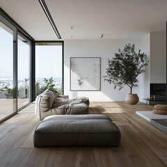 Obraz premium Contemporary Living Space With Natural Light and Minimalist Design, Showcasing Comfort and Tranquility in a Serene Urban Environment